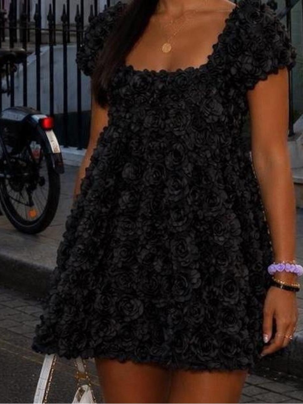 Holiday black rose embellished bubble floral dress medium